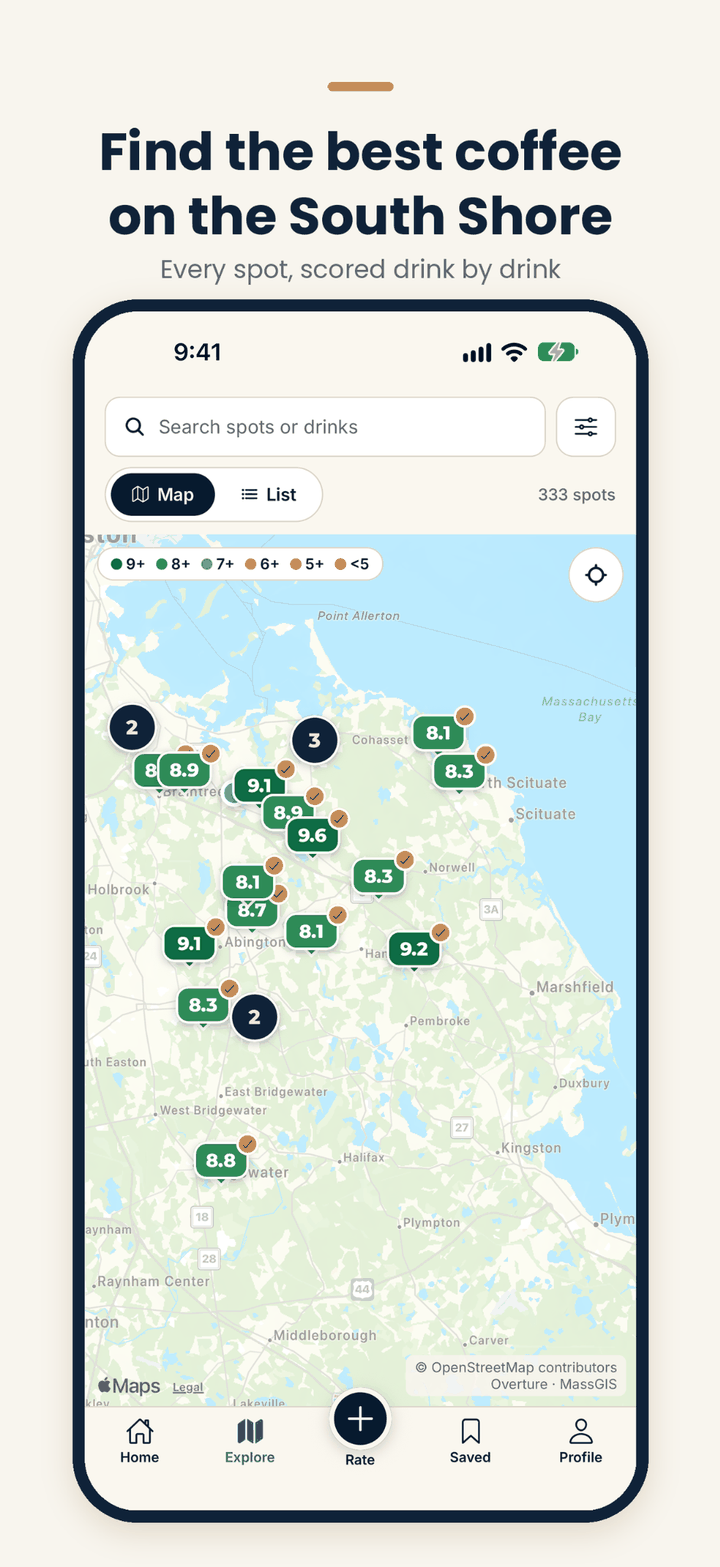 Pour Score map of South Shore coffee spots with numeric score pins and clusters