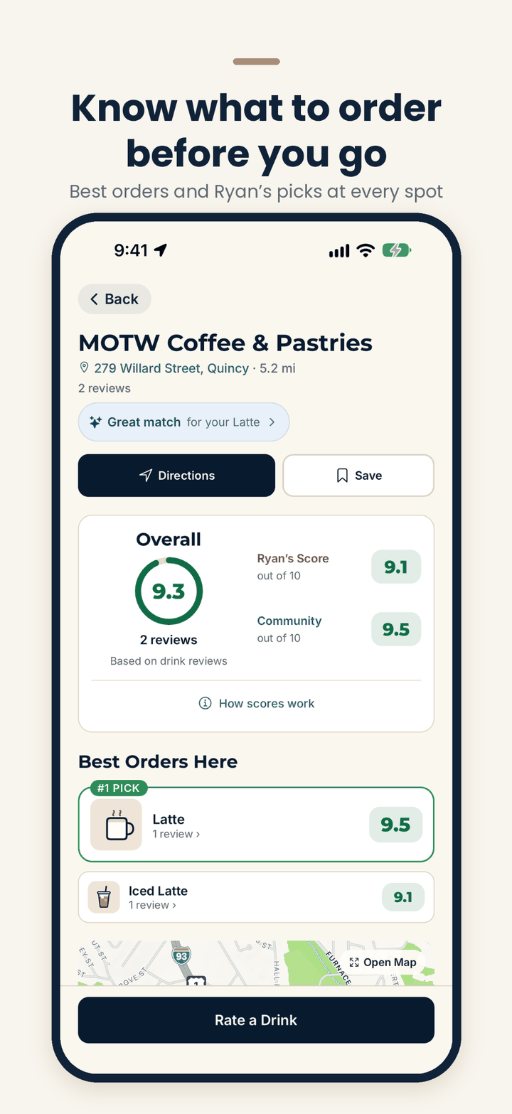 Pour Score shop page for MOTW Coffee & Pastries, with an Overall score of 9.3, Ryan’s Score of 9.1, Community score of 9.5, and best orders